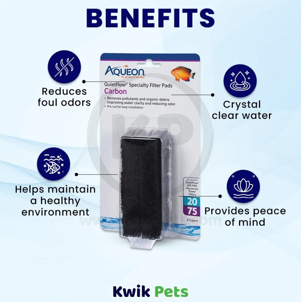 Aqueon QuietFlow Carbon Filter Media Pads for Aquarium Size 20/75 4 Count