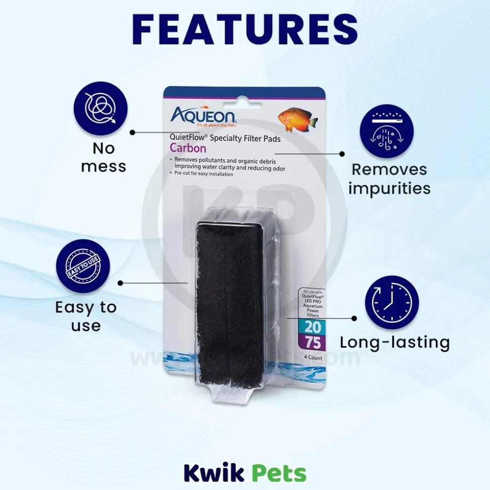 Aqueon QuietFlow Carbon Filter Media Pads for Aquarium Size 20/75 4 Count