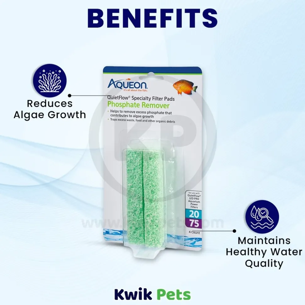 Aqueon QuietFlow Phosphate Remover Filter Media Pads for Aquarium Size 20/75 4 Count