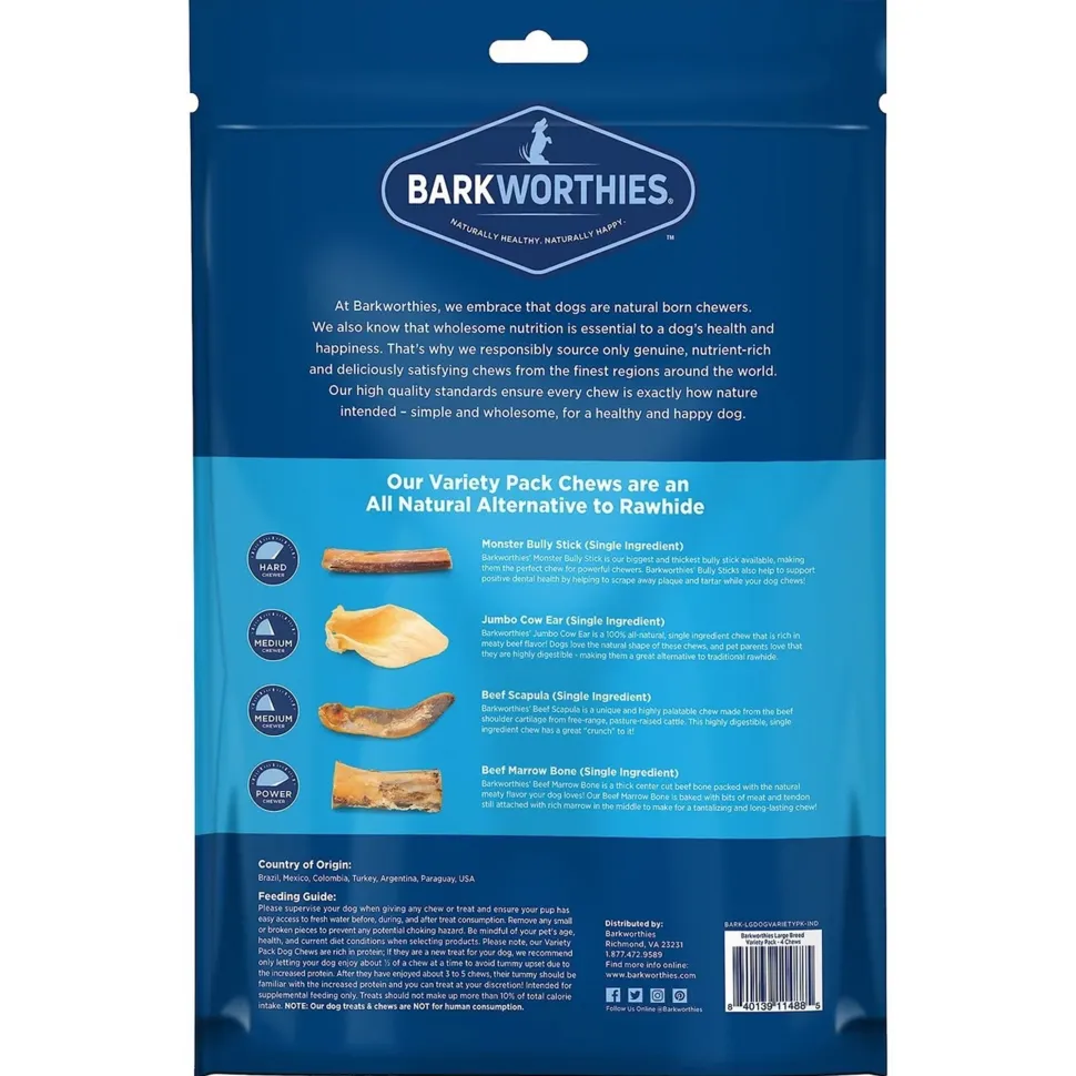 Barkworthies Large Breed Dog Chews Variety Pack 4 Count
