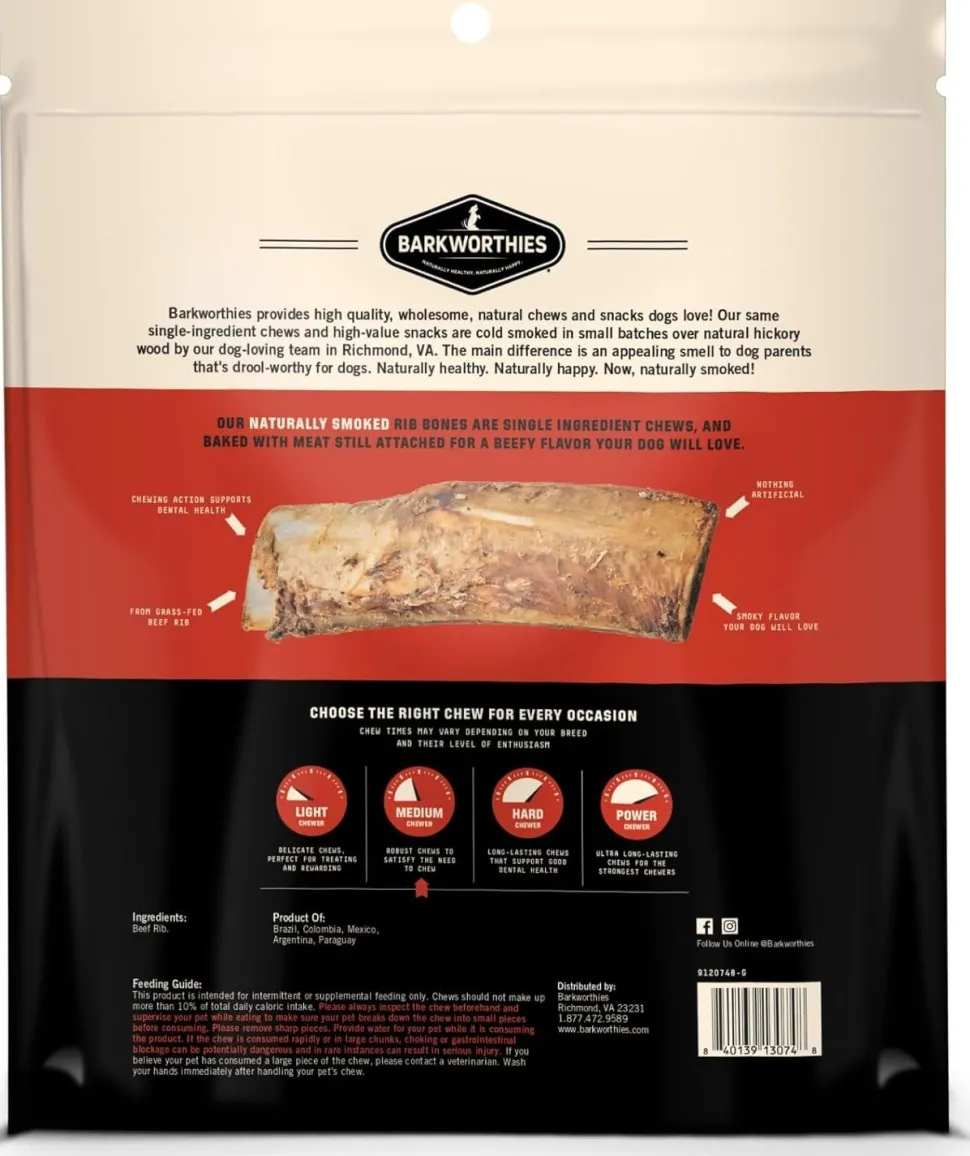Barkworthies Naturally Smoked Rib Bones Dog Treats Medium 10 Count