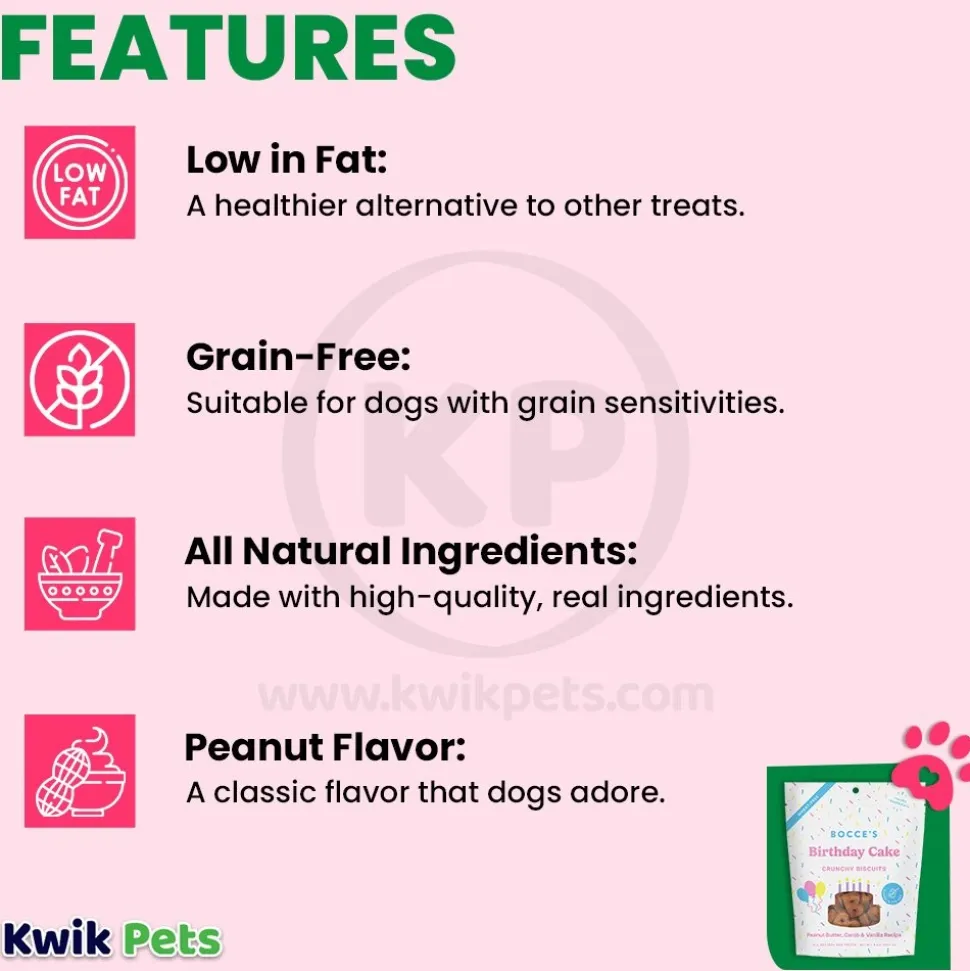 Bocce's Bakery Birthday Cake Crunchy Biscuits Dog Treats Peanut Butter Carob & Vanilla 5-oz