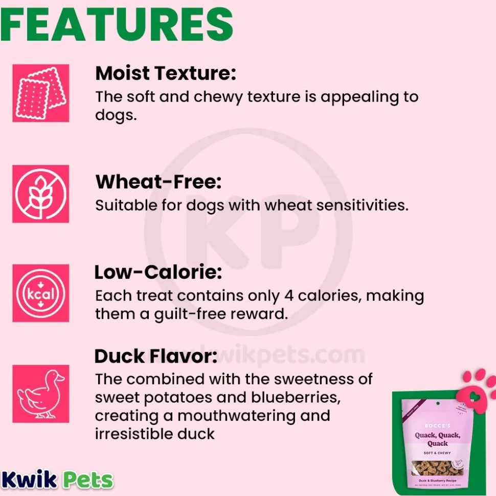 Bocce's Bakery Quack Quack Quack Soft & Chewy Dog Treats Duck & Blueberry 6-oz
