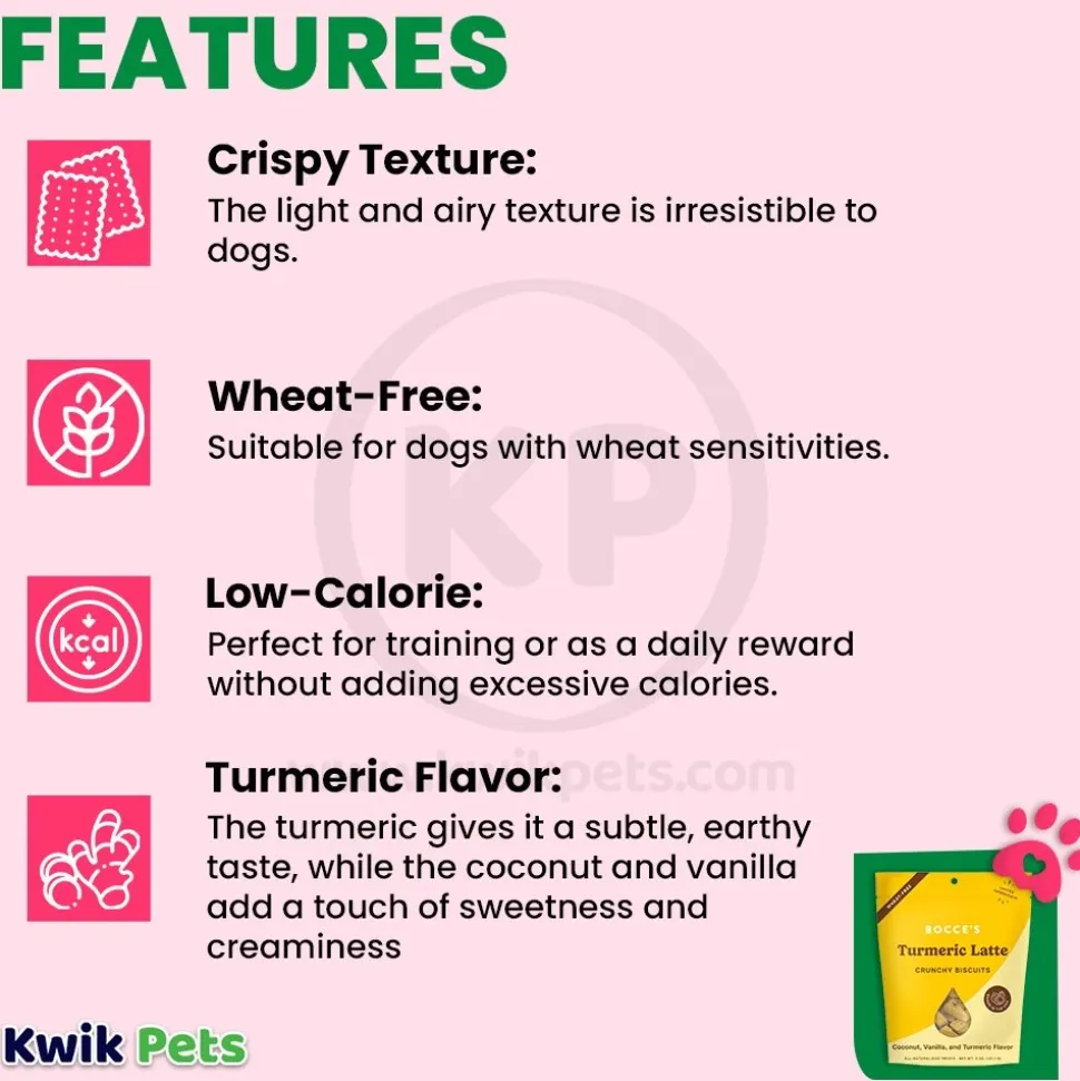 Bocce's Bakery Tumeric Latte Crunchy Biscuits Dog Treats Coconut Vanilla & Turmeric 5-oz
