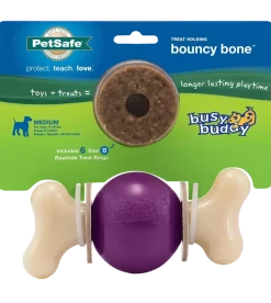 Busy Buddy Bouncy Bone Treat-Dispensing Dog Chew Toy with Refillable Rawhide Treats Multicolor Medium