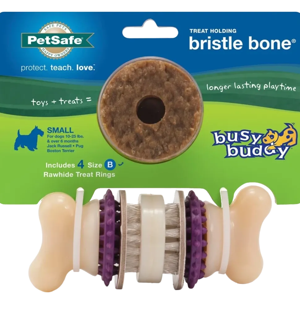 Busy Buddy Bristle Bone Treat-Dispensing Dog Chew Toy with Refillable Rawhide Treats Multicolor Small