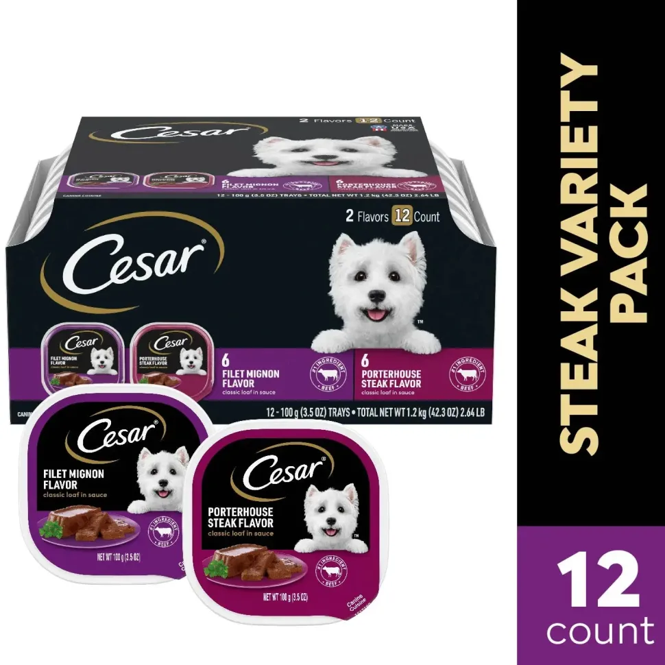 Cesar Classic Loaf in Sauce Adult Wet Dog Food Variety Pack Filet Mignon & Porterhouse Steak 12 Count 42.3-oz