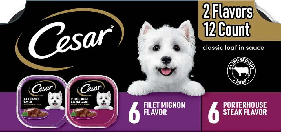 Cesar Classic Loaf in Sauce Adult Wet Dog Food Variety Pack Filet Mignon & Porterhouse Steak 12 Count 42.3-oz