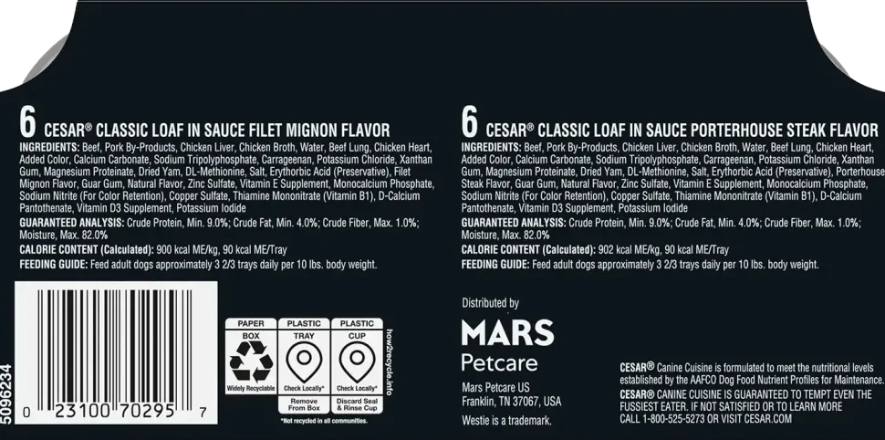 Cesar Classic Loaf in Sauce Adult Wet Dog Food Variety Pack Filet Mignon & Porterhouse Steak 12 Count 42.3-oz