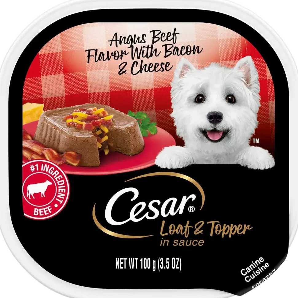 Cesar Loaf & Topper in Sauce Adult Wet Dog Food Angus Beef w/Bacon & Cheese 3.5-oz