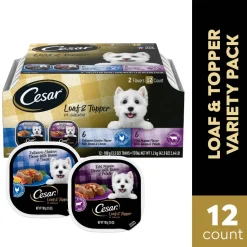 Cesar Loaf & Topper in Sauce Adult Wet Dog Food Variety Pack Rotisserie Chicken, Filet Mignon 12 Count 3.5-oz