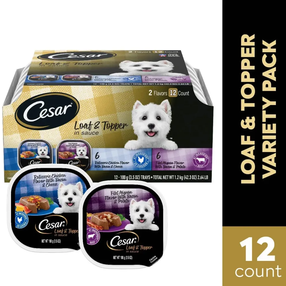 Cesar Loaf & Topper in Sauce Adult Wet Dog Food Variety Pack Rotisserie Chicken, Filet Mignon 12 Count 3.5-oz