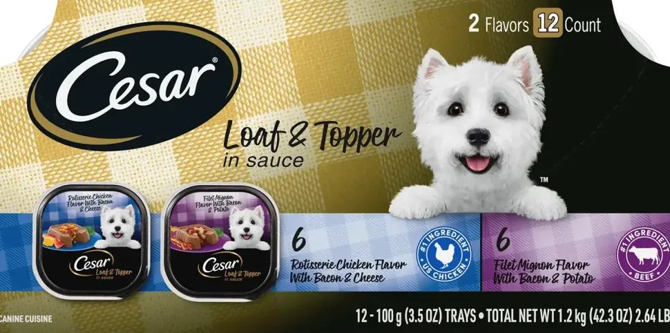 Cesar Loaf & Topper in Sauce Adult Wet Dog Food Variety Pack Rotisserie Chicken, Filet Mignon 12 Count 3.5-oz