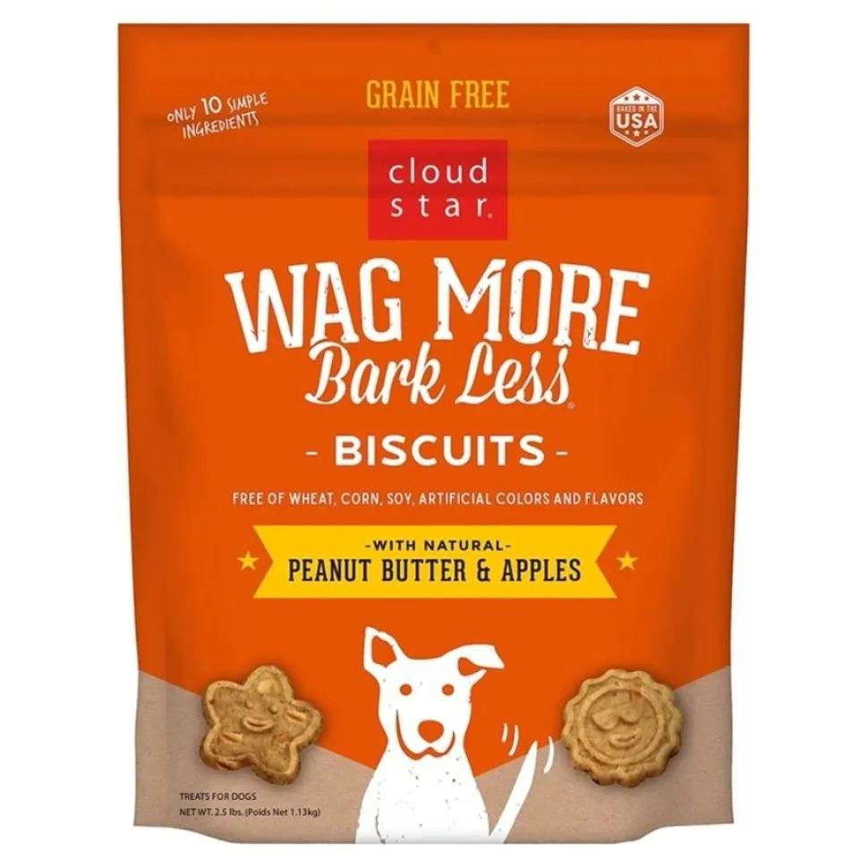 Cloud Star Wag More Bark Less Grain Free Biscuits Crunchy Dog Treats with Natural Peanut Butter & Apple 2.5-lb