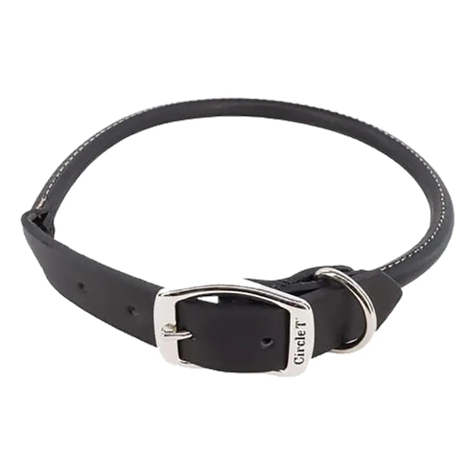 Coastal Circle T Oak Tanned Leather Round Dog Collar Black 3/4 in X 18 in