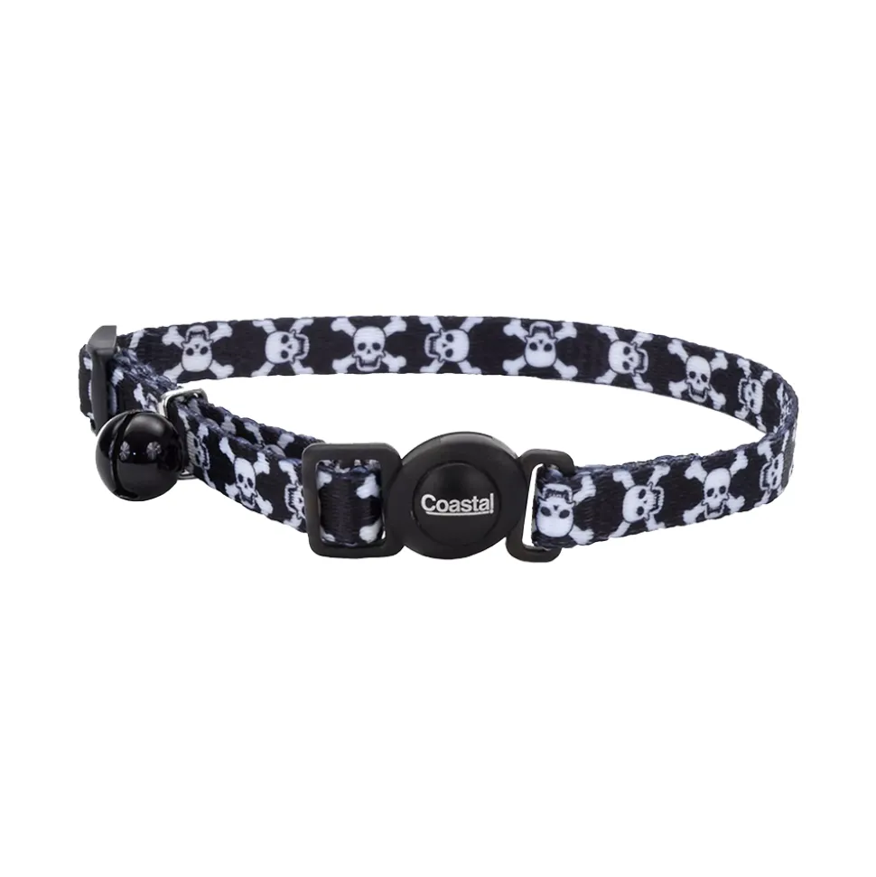 Coastal Safe Cat Adjustable Breakaway Collar Black Skulls 3/8 in X 8-12 in