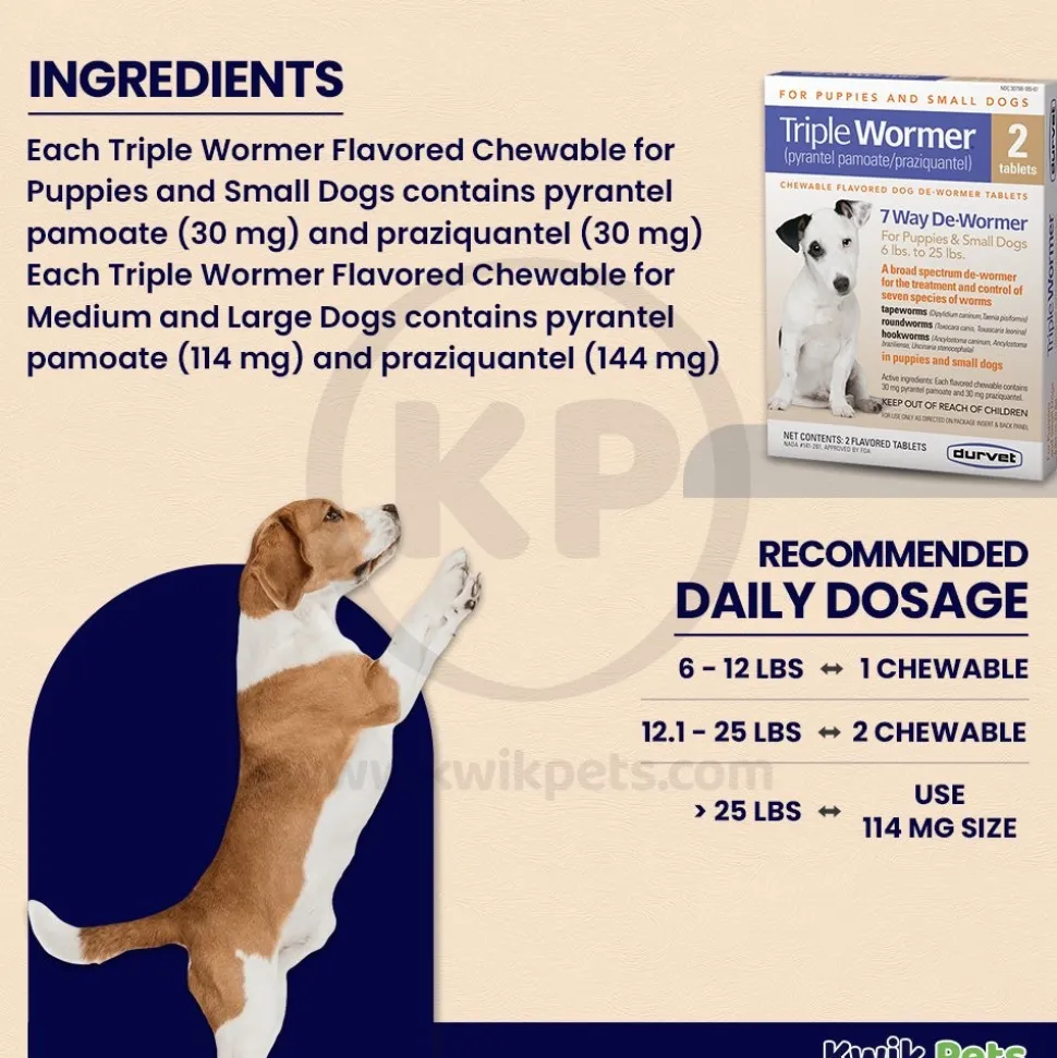 Durvet Triple Wormer Chewable Tablets for Small Dogs & Puppies 2 Count