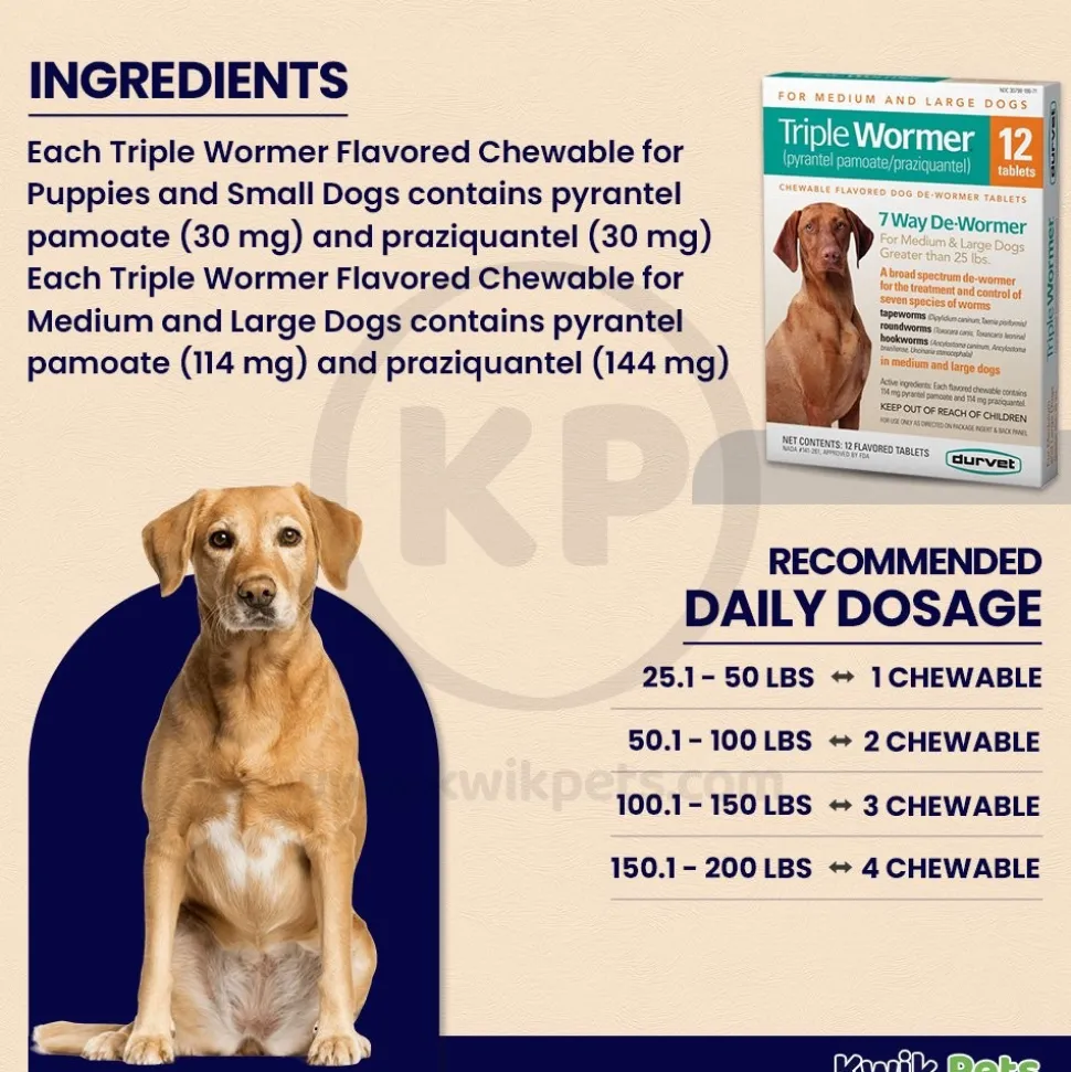 Durvet Triple Wormer Chewable Tablets for Medium & Large Dogs 12 Count