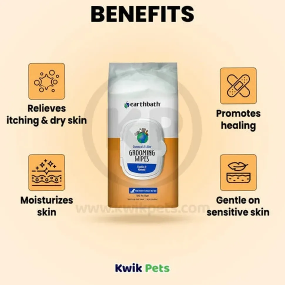 Earthbath Oatmeal & Aloe Grooming Wipes for Dogs & Cats Vanilla & Almond 100 Count