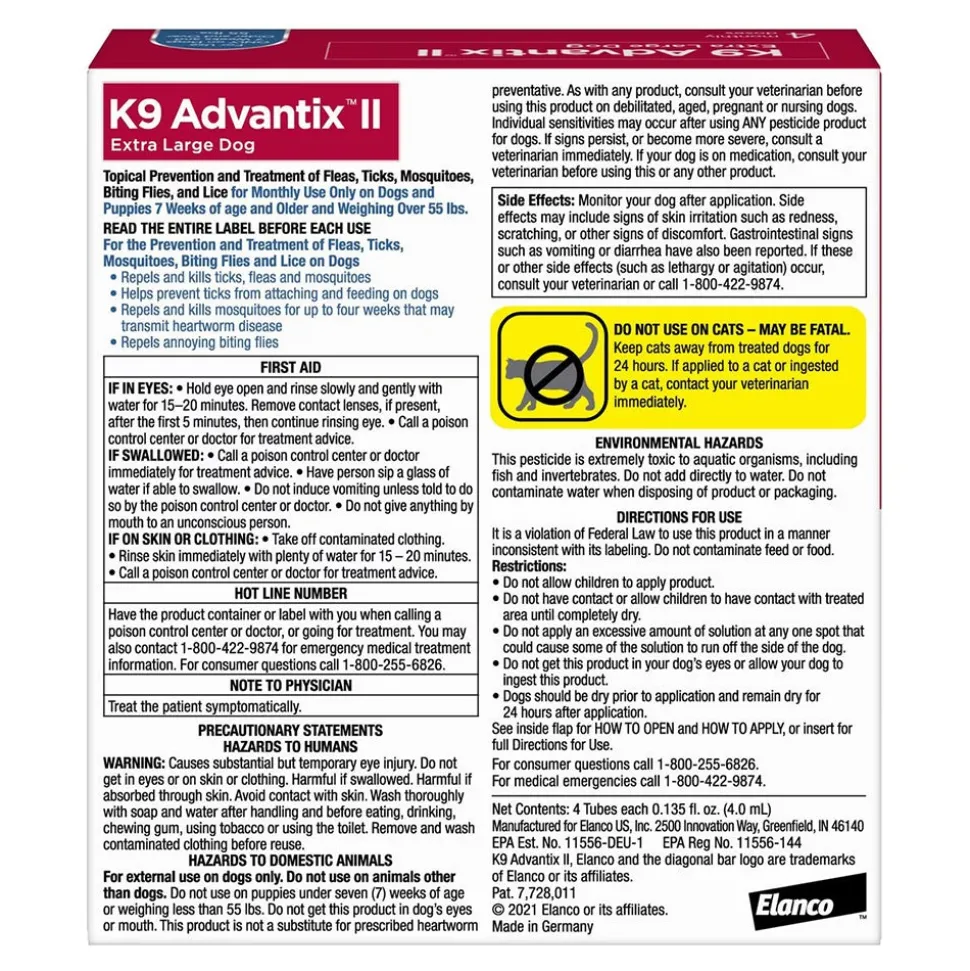 Elanco K9 Advantix II 4-Month Supply Topical Flea, Tick & Mosquito Treatment & Prevention for Extra Large Dogs Over 55 lbs