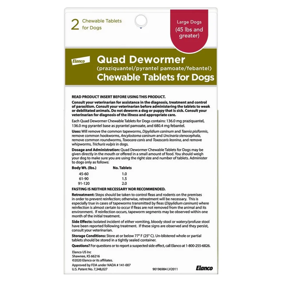 Elanco Quad Dewormer Chewable Tablets for Large Dogs Over 45 lbs 2 Count