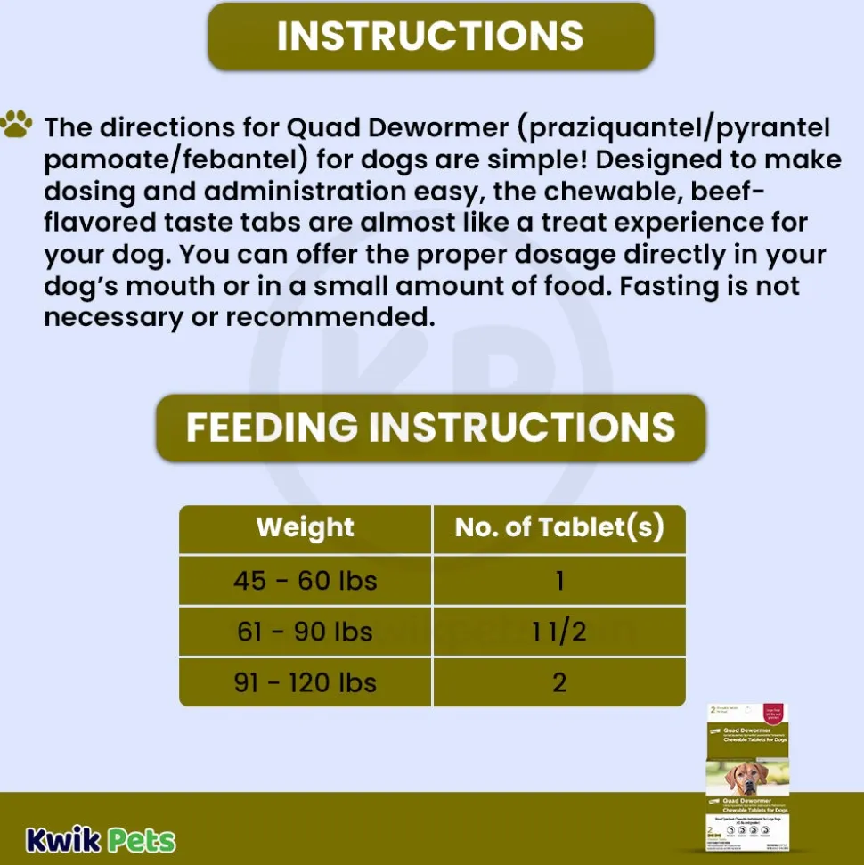 Elanco Quad Dewormer Chewable Tablets for Large Dogs Over 45 lbs 2 Count