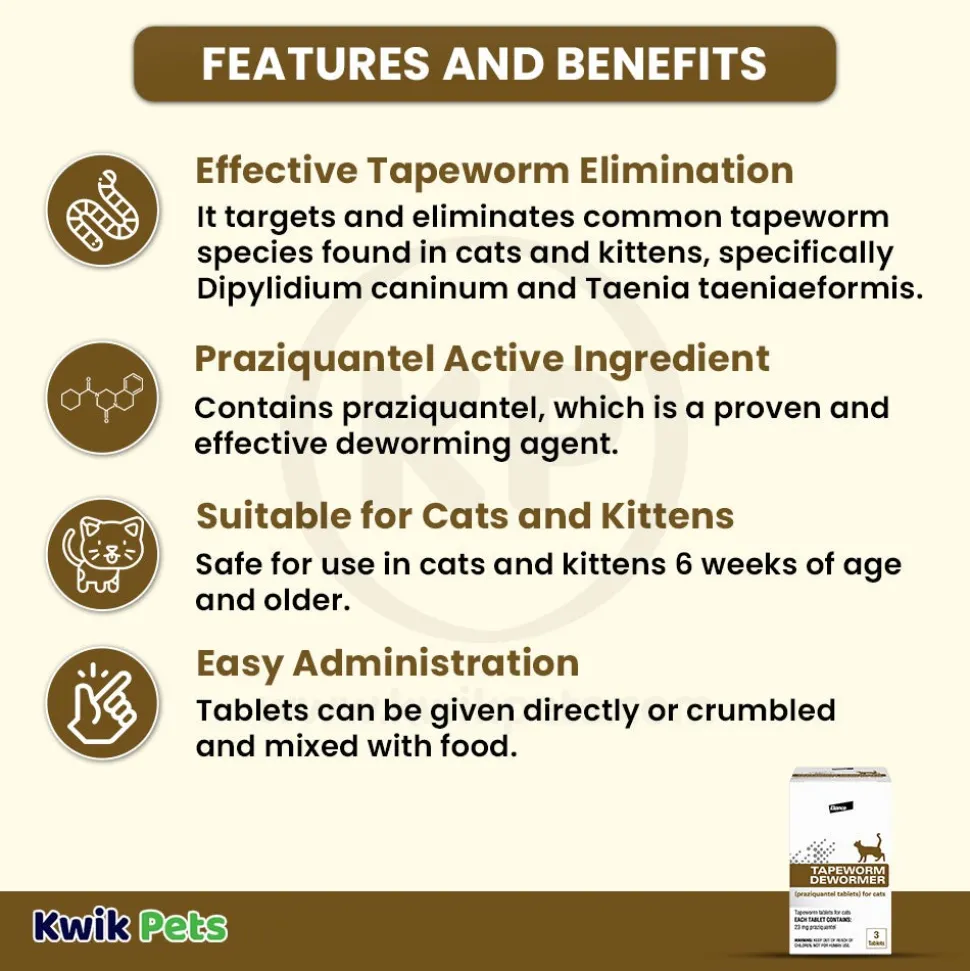 Elanco Tapeworm Dewormer (praziquantel tablets) for Cats & Kittens 3 Count