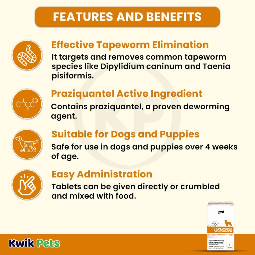 Elanco Tapeworm Dewormer (praziquantel tablets) for Dogs & Puppies 5 Count