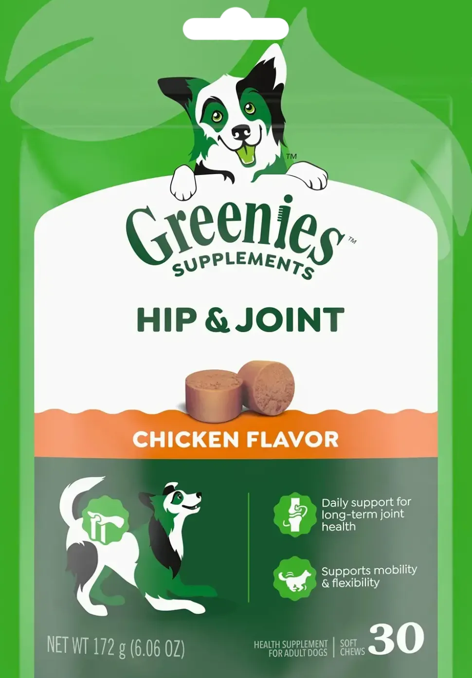 Greenies Hip & Joint Supplement Soft Chews for Adult Dogs Chicken Flavor 30 Count 6.08-oz
