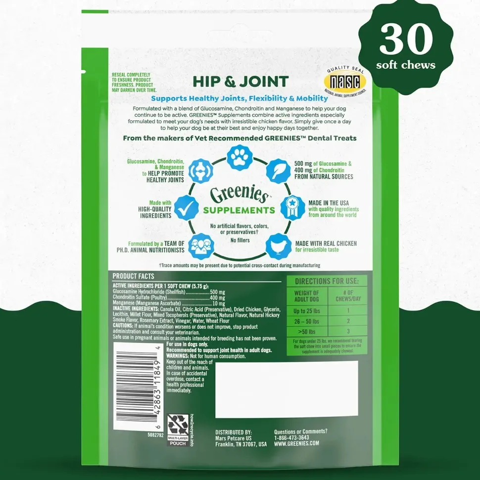 Greenies Hip & Joint Supplement Soft Chews for Adult Dogs Chicken Flavor 30 Count 6.08-oz