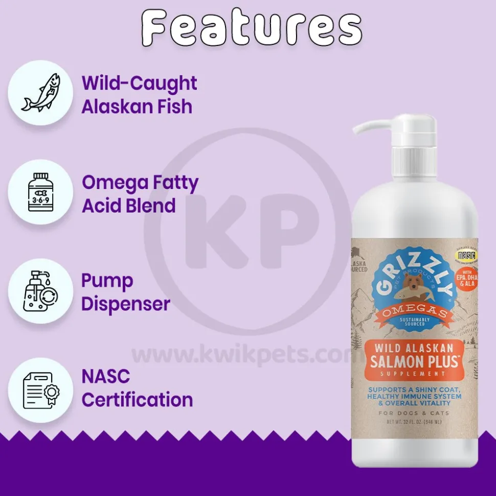 Grizzly Wild Alaskan Salmon Oil Plus Food Supplement for Dogs & Cats 32-oz