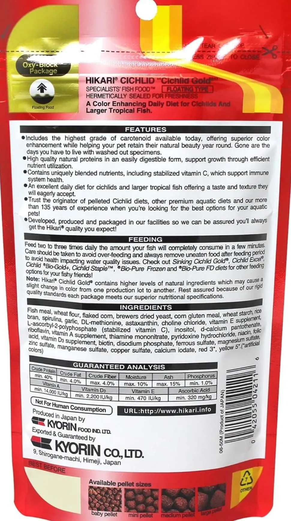 Hikari USA Cichlid Gold Floating Large Pellets Fish Food 2-oz