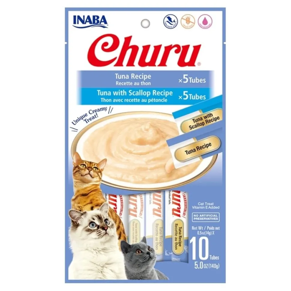 Inaba Churu Creamy Purée Variety Pack Lickable Cat Treats Tuna Recipe & Tuna with Scallop Recipe 0.5-oz Tubes 10 Count