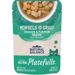 Natural Balance Original Ultra Platefulls Morsels in Gravy Grain Free Adult Wet Cat Food Pouch Chicken & Pumpkin 3-oz