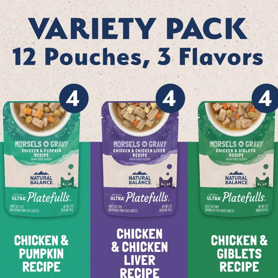 Natural Balance Ultra Platefulls Chicken Morsels in Gravy Adult Wet Cat Food Variety Pack 3-oz Pouches 12 Count