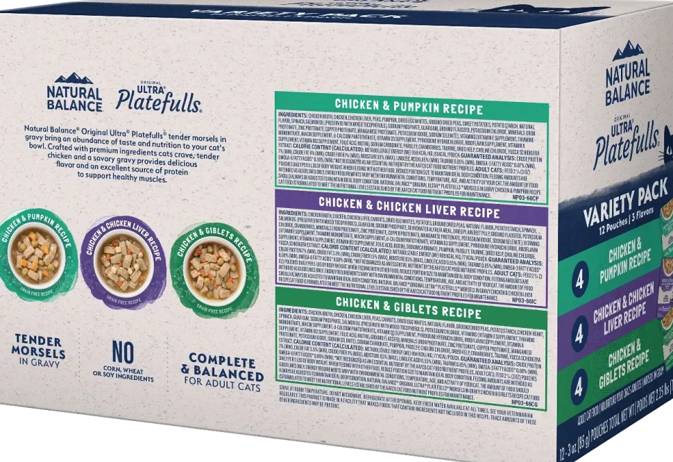 Natural Balance Ultra Platefulls Chicken Morsels in Gravy Adult Wet Cat Food Variety Pack 3-oz Pouches 12 Count