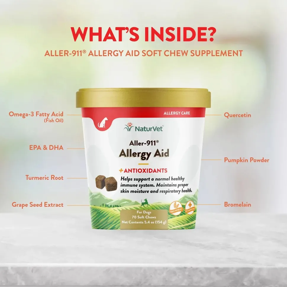 NaturVet Aller-911 Allergy Aid Plus Antioxidants Soft Chews for Dogs 70 Count 5.4-oz