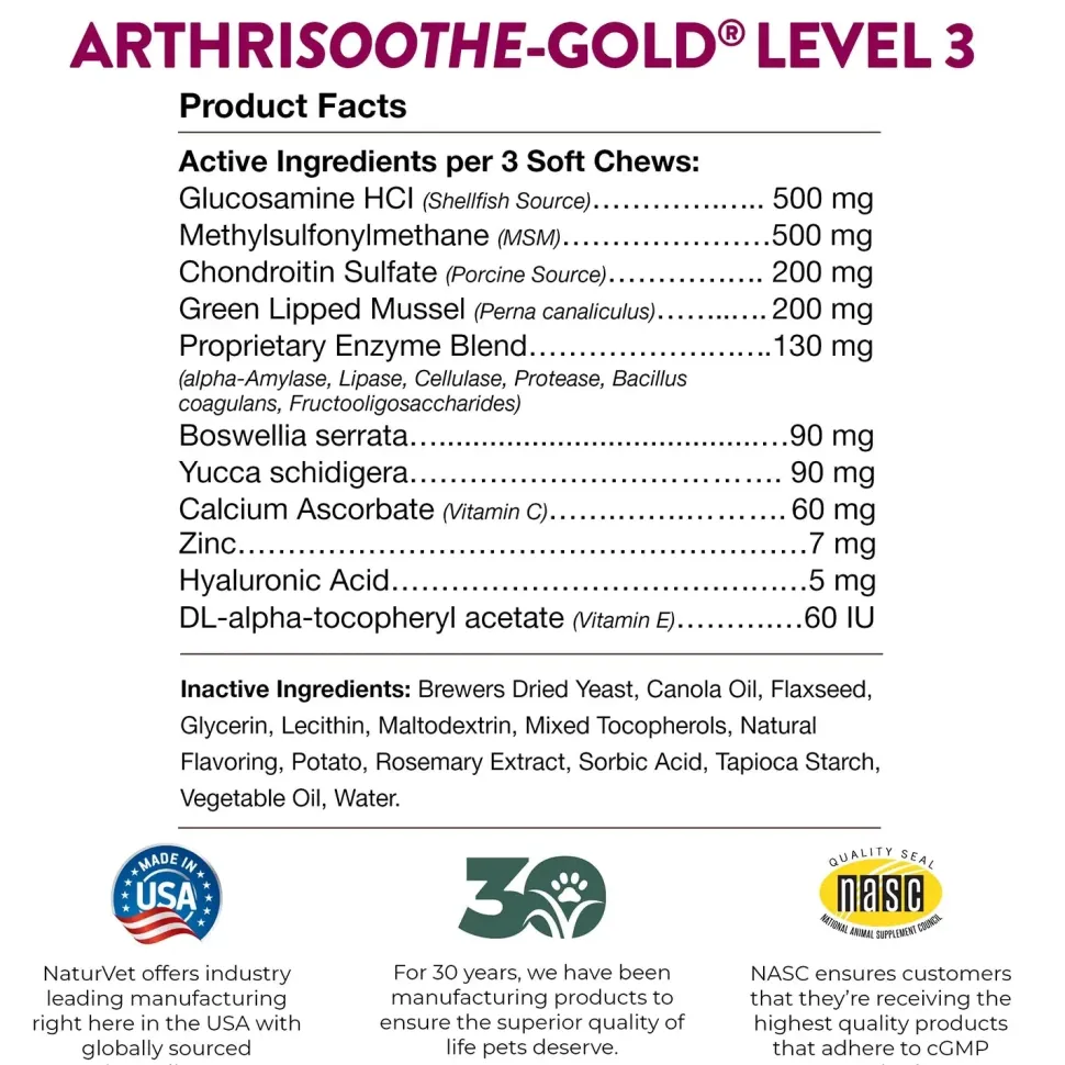 NaturVet ArthriSoothe-GOLD Level 3 Soft Chews for Dogs & Cats 70 Count 5.9-oz