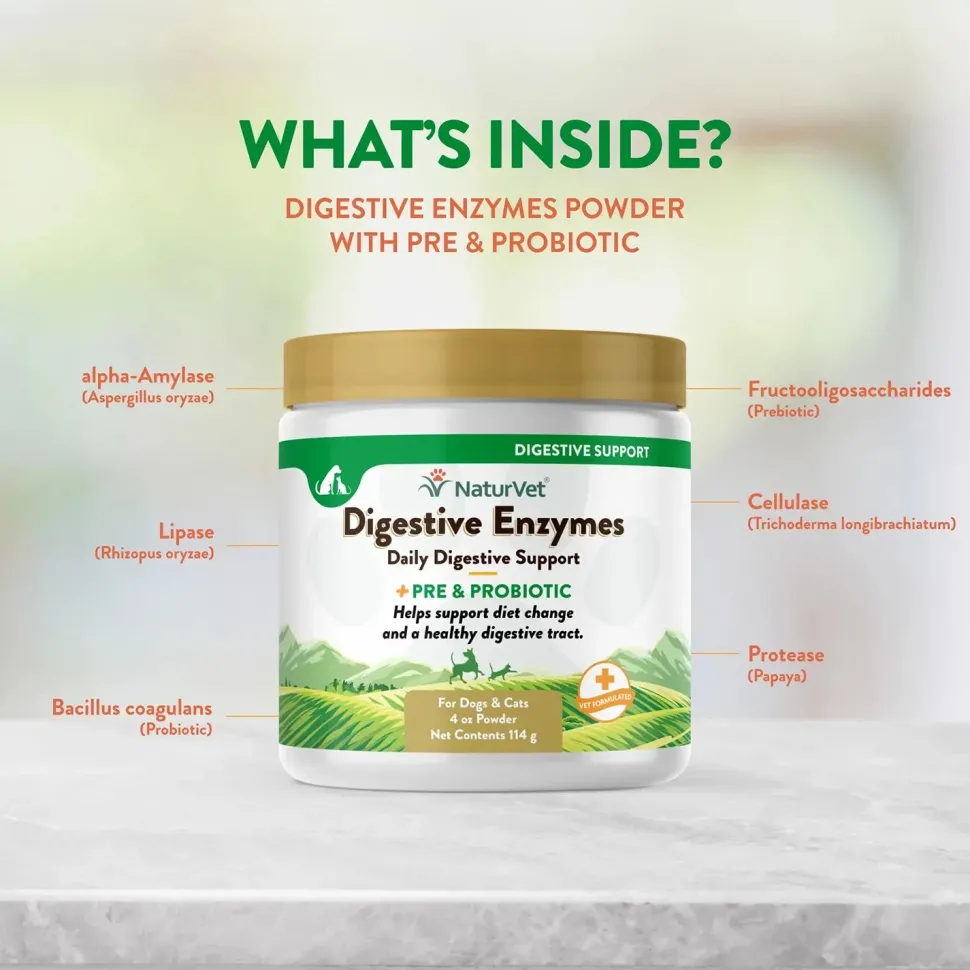 NaturVet Digestive Enzymes Plus Pre and Probiotic Powder for Dogs & Cats 4-oz