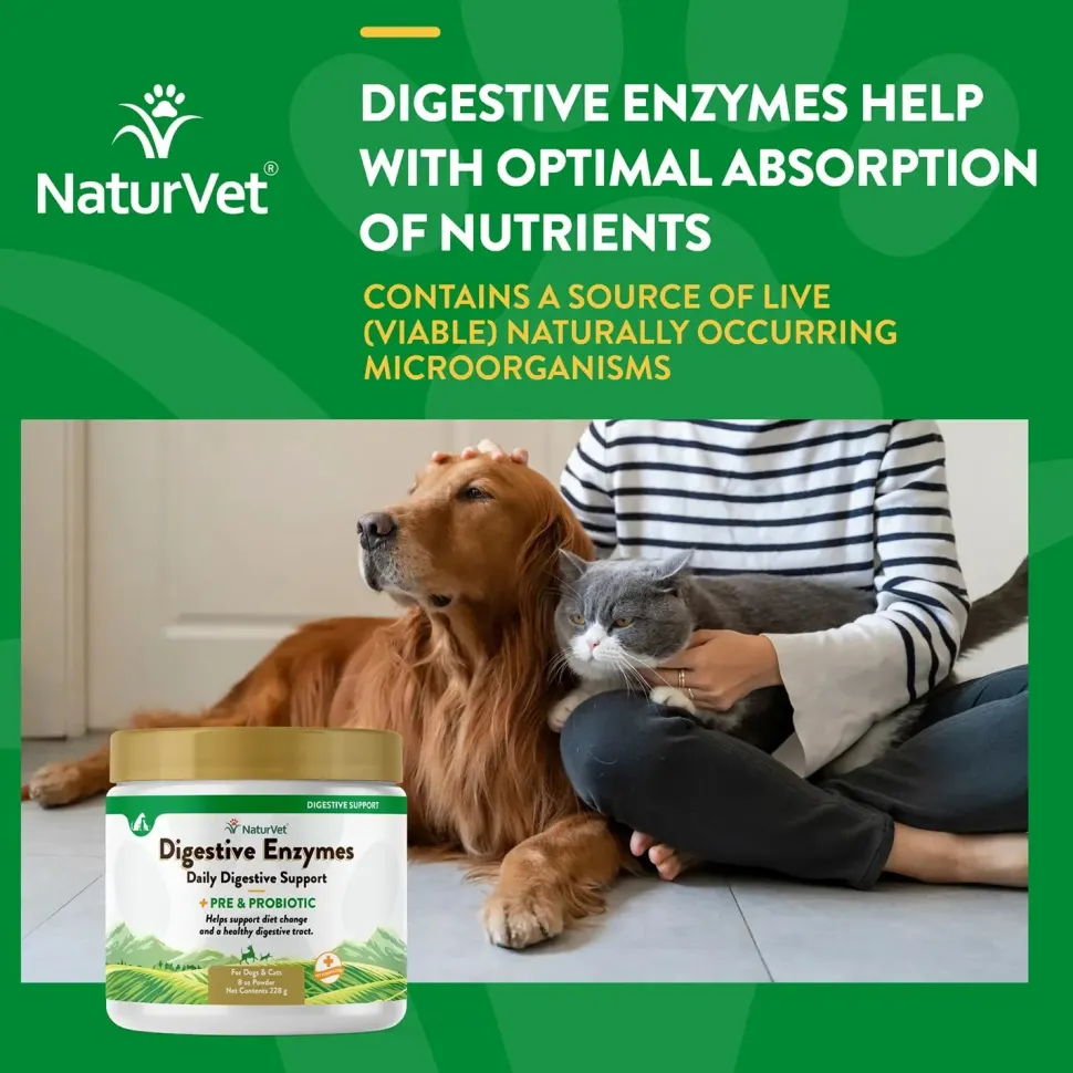 NaturVet Digestive Enzymes Plus Pre and Probiotic Powder for Dogs & Cats 8-oz