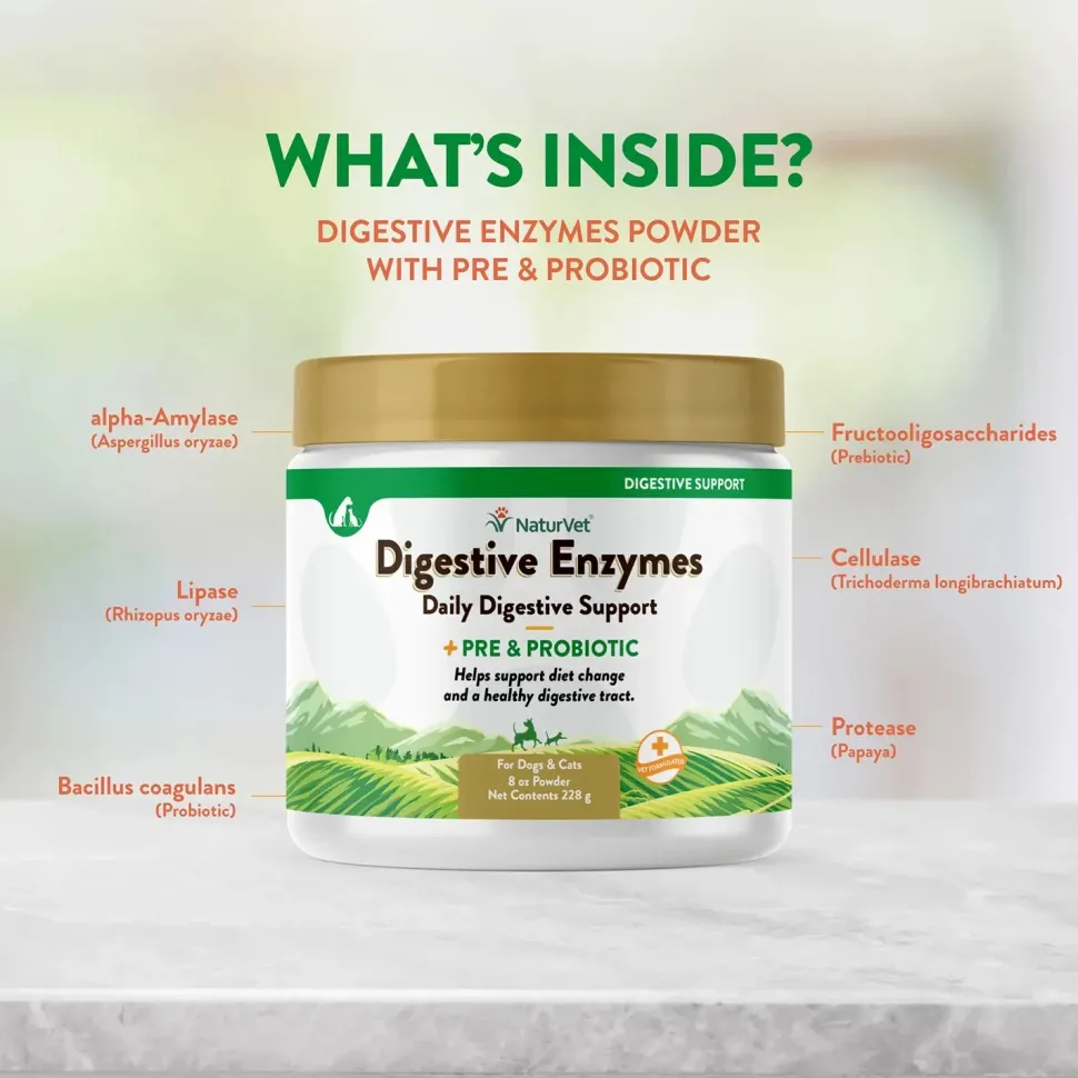 NaturVet Digestive Enzymes Plus Pre and Probiotic Powder for Dogs & Cats 8-oz