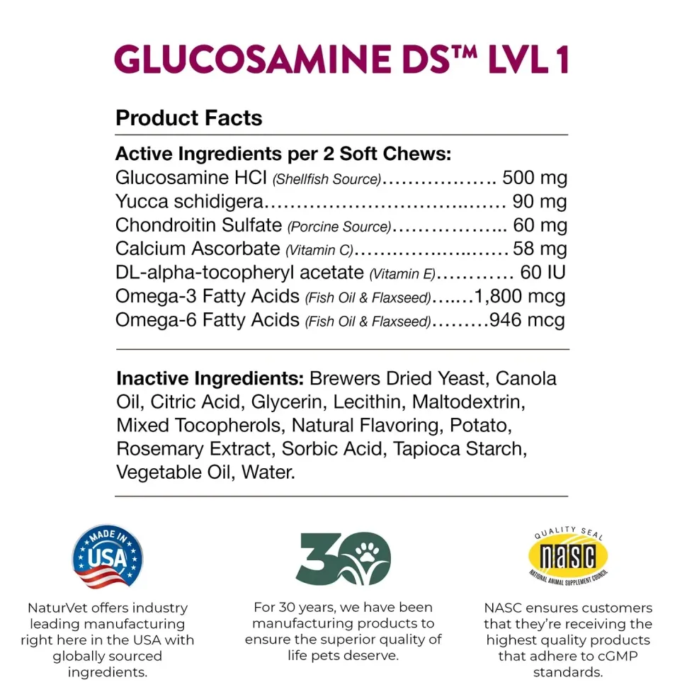 NaturVet Glucosamine-DS Level 1 Soft Chews for Dogs & Cats 70 Count 5.4-oz