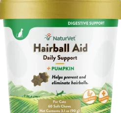 NaturVet Hairball Aid Plus Pumpkin Soft Chews for Cats 60 Count 3.1-oz