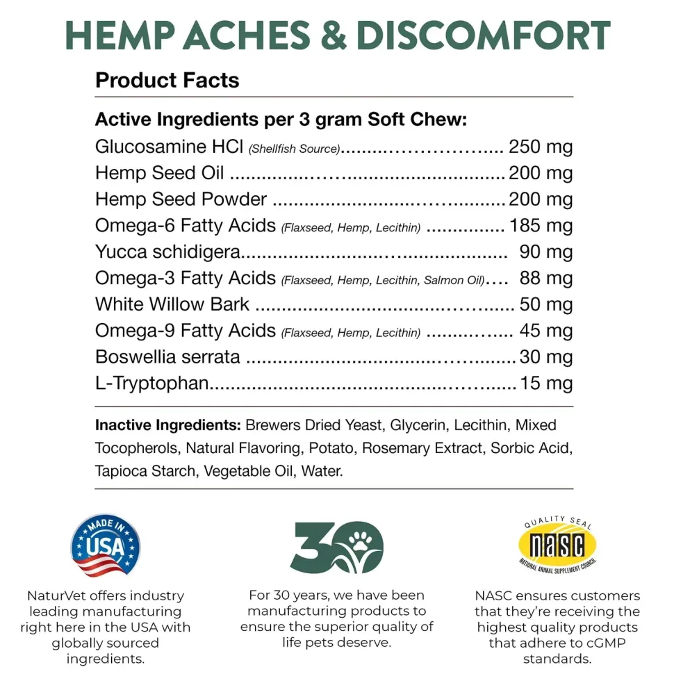 NaturVet Hemp Aches & Discomfort Plus Hemp Seed Soft Chews for Dogs 60 Count 6.3-oz