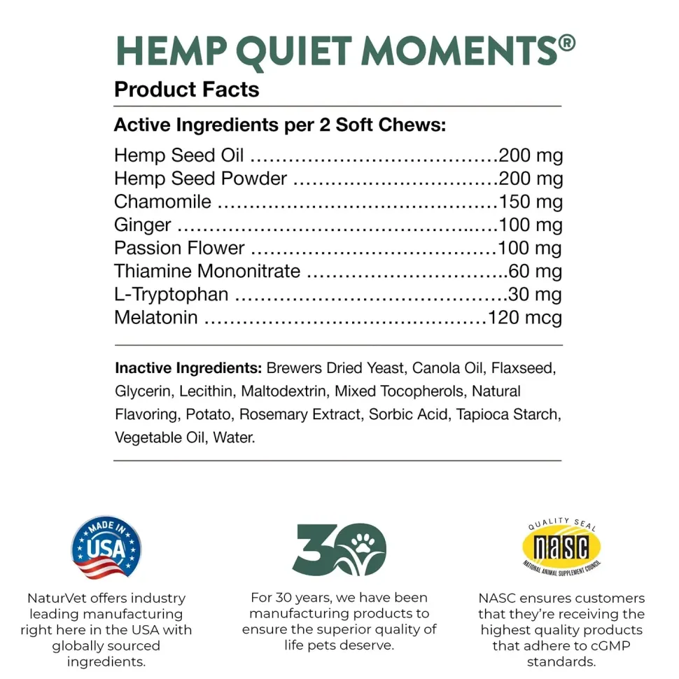 NaturVet Hemp Quiet Moments Soft Chews for Dogs 180 Count 19-oz