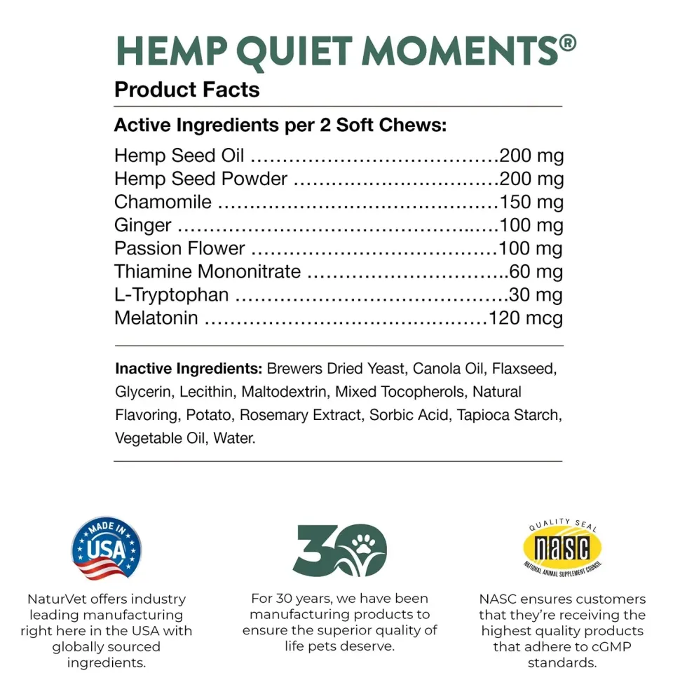 NaturVet Hemp Quiet Moments Soft Chews for Dogs 60 Count 6.3-oz
