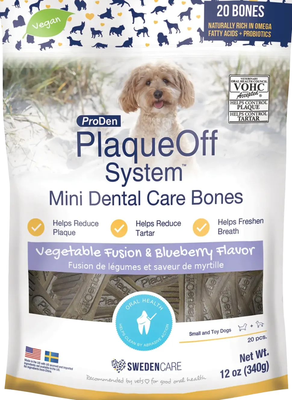 NaturVet Proden PlaqueOff System Dental Care Mini Dog Bones Vegetable Fusion & Blueberry 20 Count 12-oz