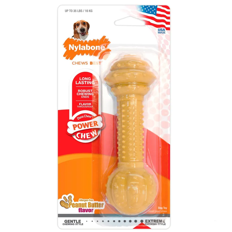 Nylabone Barbell Power Chew Durable Dog Toy Peanut Butter Medium/Wolf - Up To 35 lbs