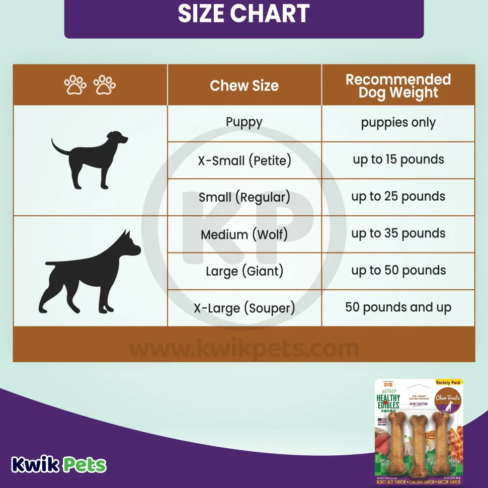 Nylabone Healthy Edibles All-Natural Long Lasting Chew Treats Variety Pack Roast Beef Chicken & Bacon Petite - Up To 15 lbs 3 Count