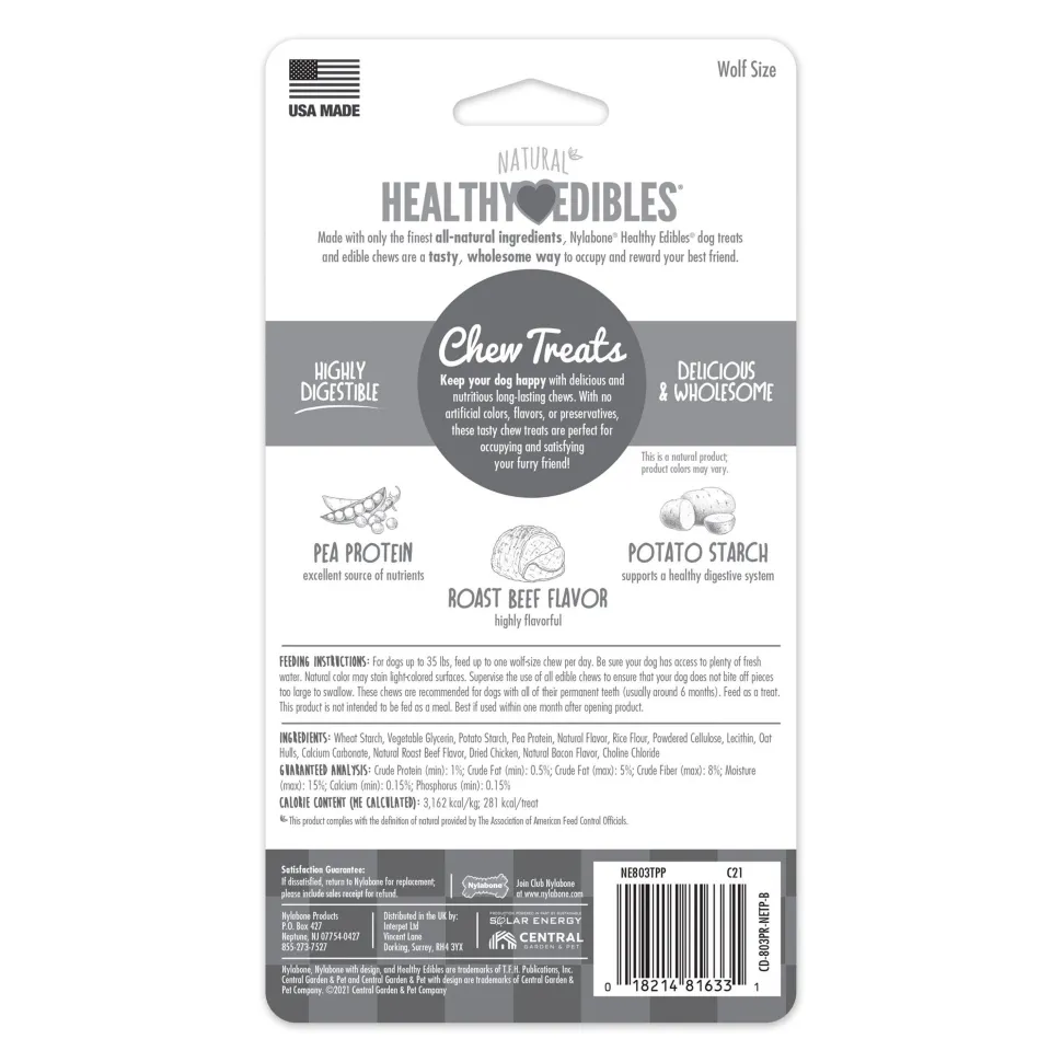 Nylabone Healthy Edibles All-Natural Long Lasting Dog Chew Treats Roast Beef Wolf - Up To 35 lbs 2 Count